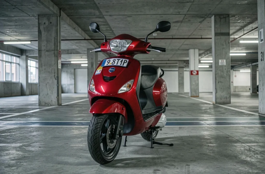 Scooter 125cc rouge garé dans un parking urbain couvert, illustrant la mobilité et l'assurance deux-roues