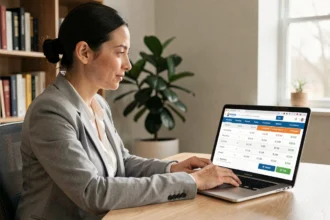 Femme comparant des tarifs d'assurance auto sur un ordinateur portable dans un bureau à domicile
