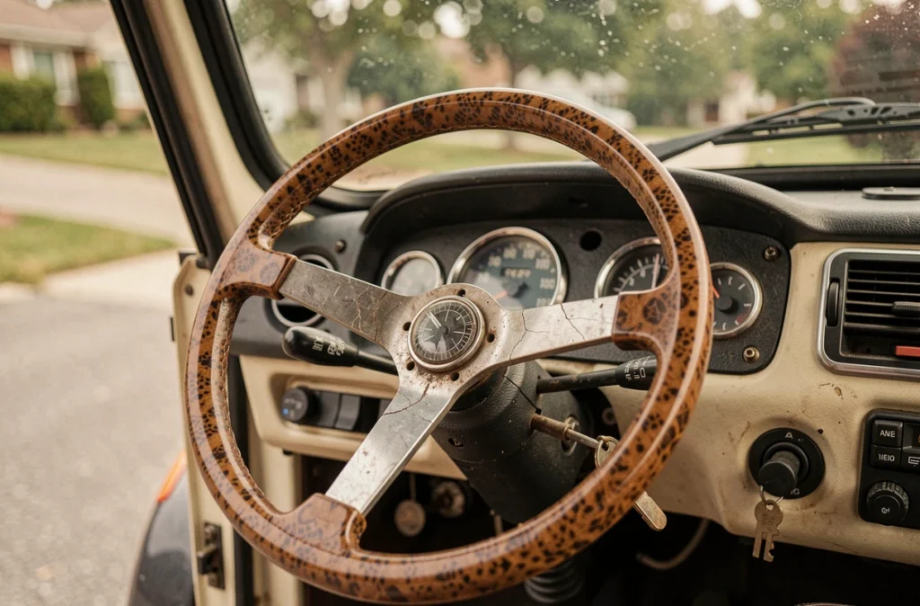 Gros plan sur le volant et le tableau de bord vintage d'une Mini Moke avec instruments d'époque et clé d'origine, détail essentiel pour évaluer l'état intérieur lors de l'achat d'une Mini Moke d'occasion en 2026