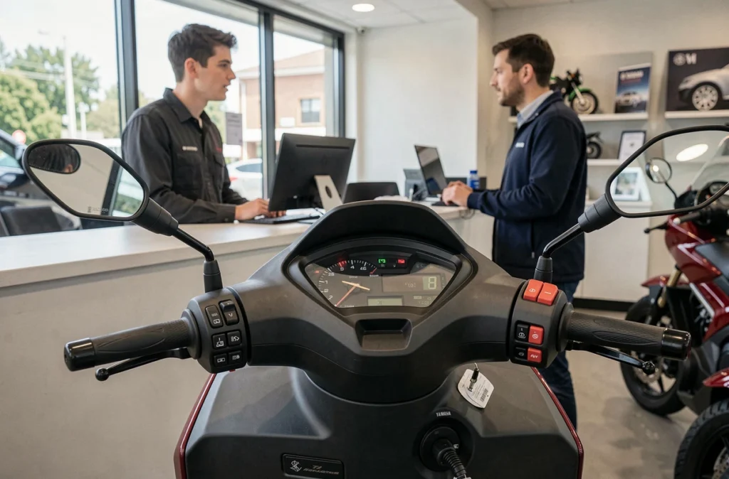 Tableau de bord d'un TMAX 530 au premier plan dans une concession moto, jeune conducteur en discussion avec un conseiller assurance en arrière-plan