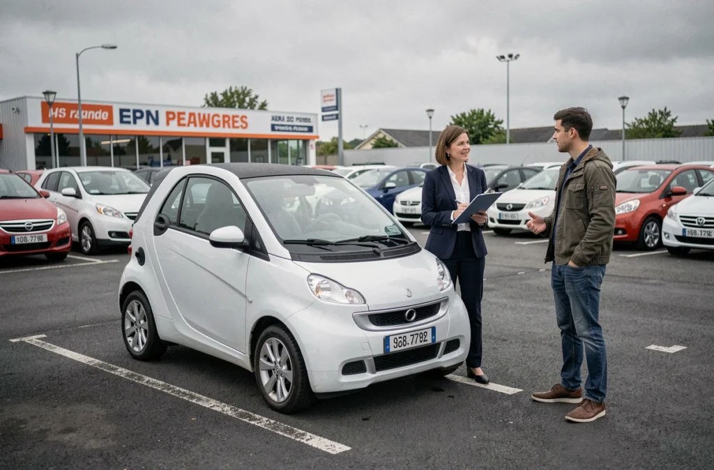 Vendeur et acheteur discutant du prix d'une voiture sans permis dans un concessionnaire d'occasion