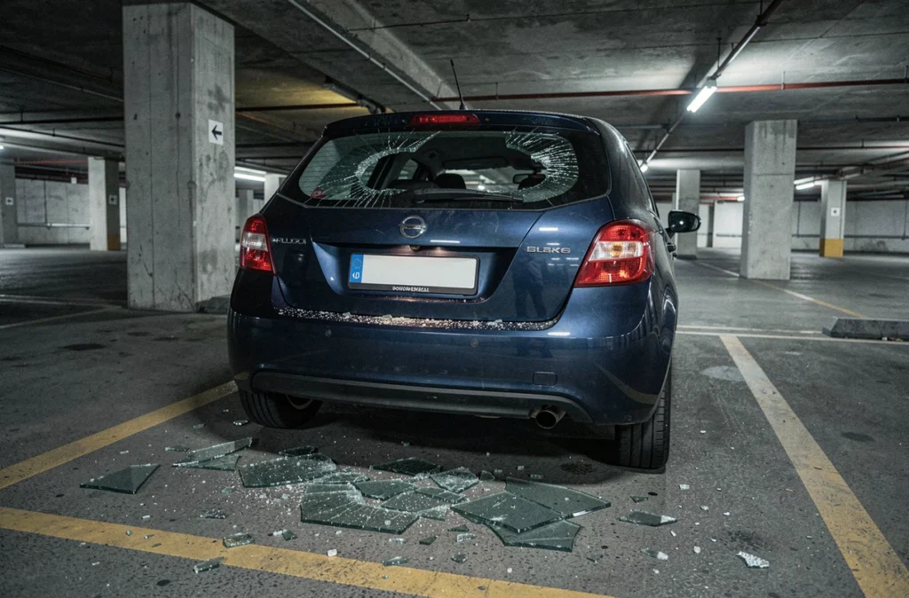 Vitre arrière brisée d'une voiture dans un parking souterrain, représentant un acte de vandalisme pris en charge par l'assurance automobile