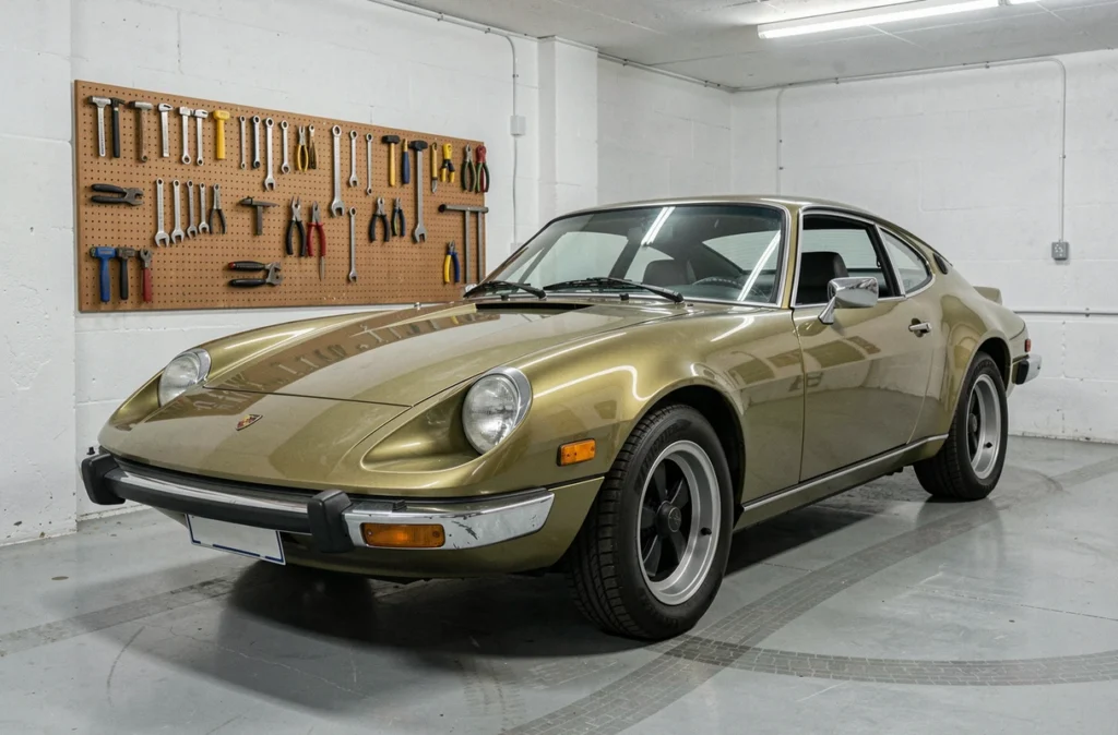 Voiture de collection italienne des années 1970 dans un garage privé, prise en vue grand angle, illustrant la conservation et l'assurance d'un véhicule de collection