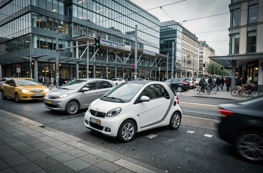 Voiture sans permis en circulation près de la gare de Rennes dans un environnement urbain animé