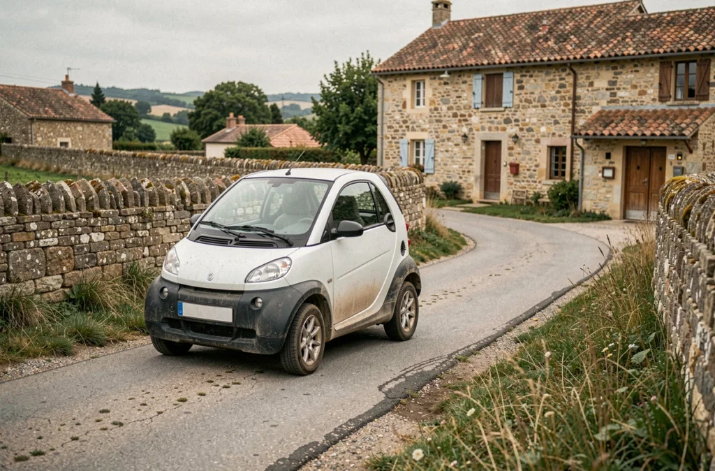 Voiture sans permis à essence garée sur une route de village rural en France