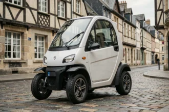 Voiture sans permis électrique garée dans le centre historique de Rennes avec colombages bretons en arrière-plan