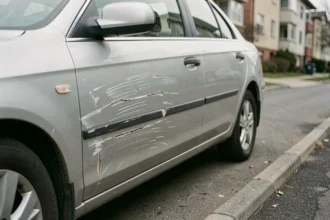 Voiture vandalisée avec des rayures profondes sur la portière, illustrant les dégâts couverts par une garantie vandalisme en assurance auto