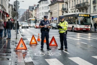 Zone d'accident sécurisée par des agents municipaux à un carrefour urbain de Chambéry après un incident impliquant un usager de la route vulnérable