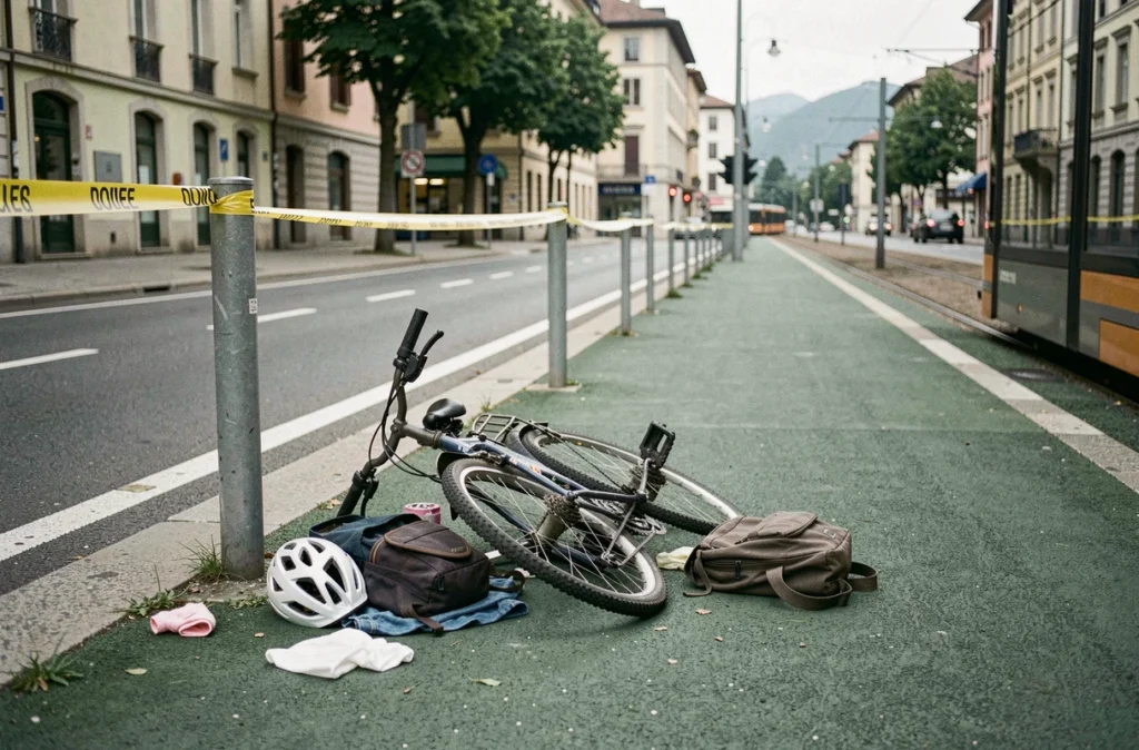 Vélo accidenté sur une piste cyclable urbaine à Chambéry avec casque et affaires personnelles au sol, scène de l'accident d'un usager vulnérable